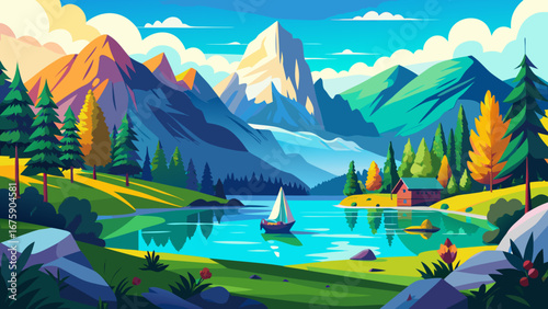 Vector art of a serene mountain lake landscape with a sailboat gliding on the water, surrounded by lush green trees and towering peaks under a blue sky
