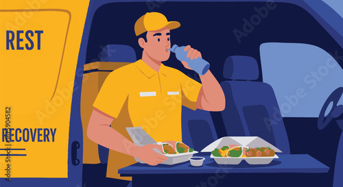 Professional delivery driver taking a lunch break inside his van. A courier in uniform eating a meal and drinking water for rest and recovery