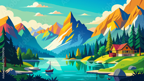 Vector art of vibrant mountain landscape with a tranquil lake, dense forest, cozy house, and a sailboat, illustrating the beauty of nature in summer