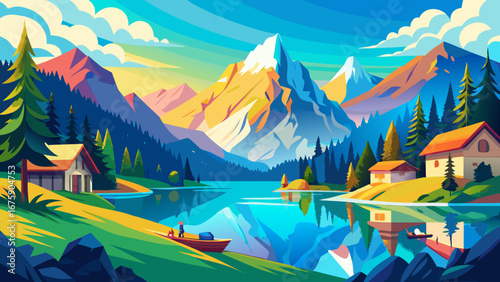 Vector art of a picturesque lake reflecting mountains, trees, and houses, creating a serene landscape with a boat on the water and a vibrant sky above