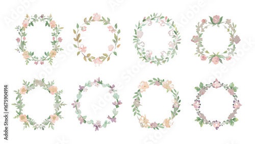Wallpaper Mural Watercolor floral wreaths with pastel roses and green leaves arranged in circular designs on white background Torontodigital.ca
