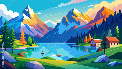 Vector art of a picturesque mountain lake scene with vibrant colors, reflecting the sky and surrounding trees, with a cozy cabin nestled on the shore