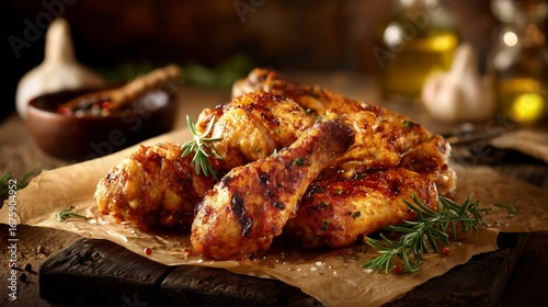 Muslos de pollo al horno, crujientes, en una mesa en un restaurante