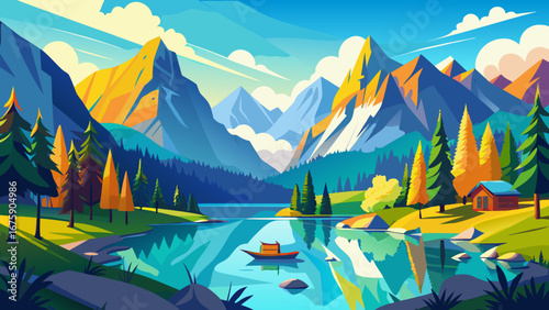 Vector art of serene mountain lake landscape with forest, houses, and a boat, reflecting a tranquil and idyllic scene for travel and vacation in nature