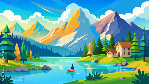 Vector art of idyllic mountain lake landscape with houses, trees, and a boat, offering a serene and tranquil view for travel and vacation in nature