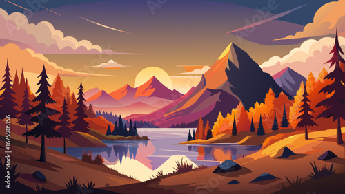 Vector art of a breathtaking landscape featuring a tranquil lake reflecting the warm sunset, surrounded by mountains, autumn trees, and a serene atmosphere