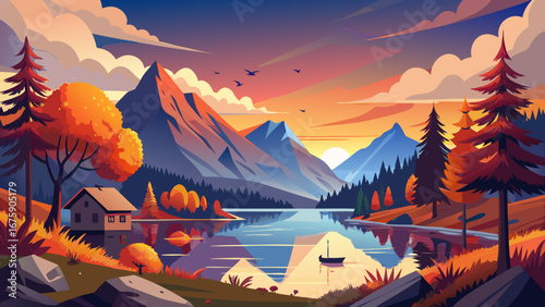 Vector art of a scenic autumn landscape with mountains, lake, and sunset, featuring colorful trees, a cozy house, and a peaceful atmosphere at dusk