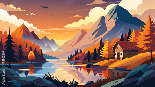 Vector art of a picturesque autumn landscape with mountains, a reflective lake, and a charming house surrounded by colorful trees under a vibrant sunset sky