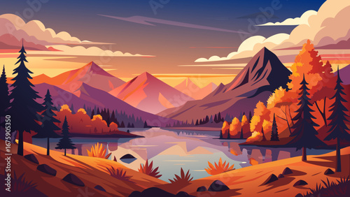 Vector art of scenic mountain landscape with lake reflecting the colorful sunset, with trees and hills in the background, creating a peaceful and serene nature scene