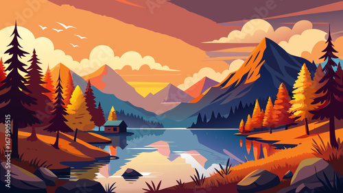 Vector art of scenic landscape with mountains, lake, and forest at sunset, showcasing the beauty of nature and tranquil scenery in a colorful, artistic style