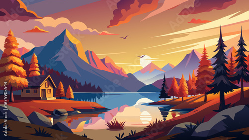 Vector art of picturesque mountain landscape with lake and forest at sunset, reflecting the serene beauty of nature in a colorful and artistic style