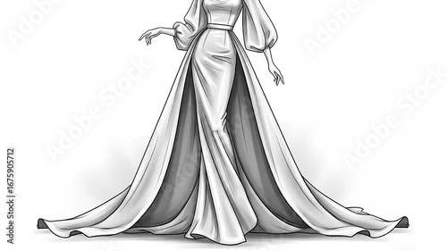 Elegant long dress concept sketches featuring a flowing skirt and long sleeves