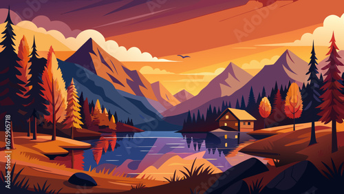 Vector art of scenic autumn landscape with mountains, lake, forest, and cabin at sunset, reflecting the tranquil beauty of nature in a colorful panorama