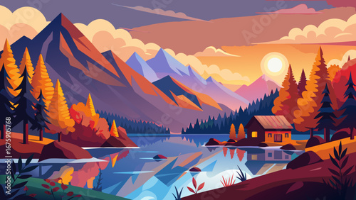 Vector art of beautiful autumn mountain landscape with lake, forest, and cabin at sunset, reflecting the serene beauty of nature in a colorful panorama