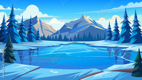 Vector art of a picturesque winter landscape featuring a frozen lake, snowcapped mountains, and evergreen trees under a clear blue sky, inviting a sense of calm