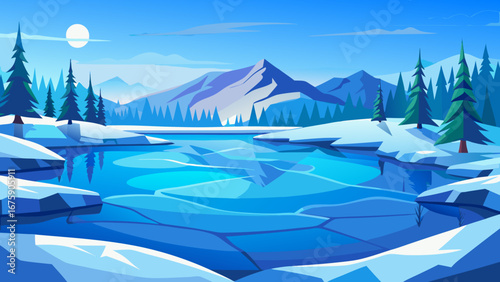 Vector art of a peaceful winter landscape with snowcovered mountains, a frozen lake reflecting the sky, and tall pine trees under a bright sun in a cold scene