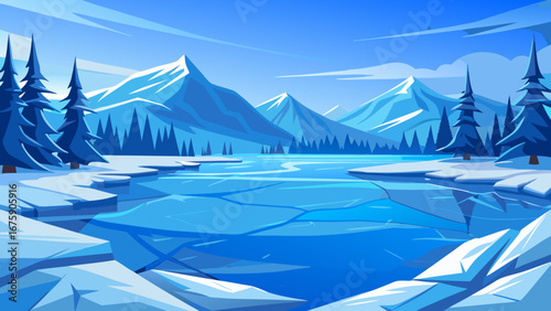 Vector art of a serene winter landscape featuring snowcapped mountains, a frozen lake, and towering pine trees under a clear blue sky in a cold and idyllic scene