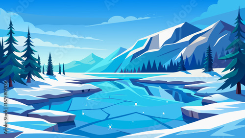 Vector art of a beautiful winter landscape featuring snowcapped mountains, a partially frozen lake, and evergreen trees under a clear blue sky in a cold scene