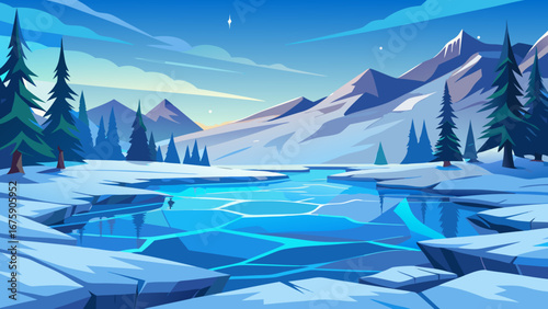 Vector art of a serene winter landscape featuring a frozen lake surrounded by snowcovered mountains and evergreen trees under a clear blue sky