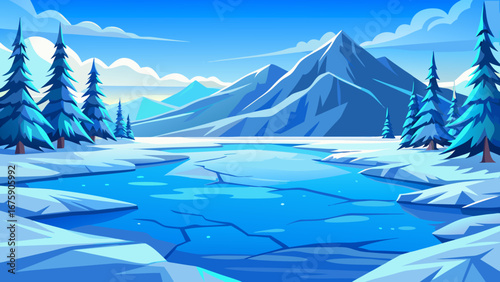 Vector art of a captivating winter landscape featuring a frozen lake, snowcovered mountains, and evergreen trees under a clear blue sky, ideal for travel