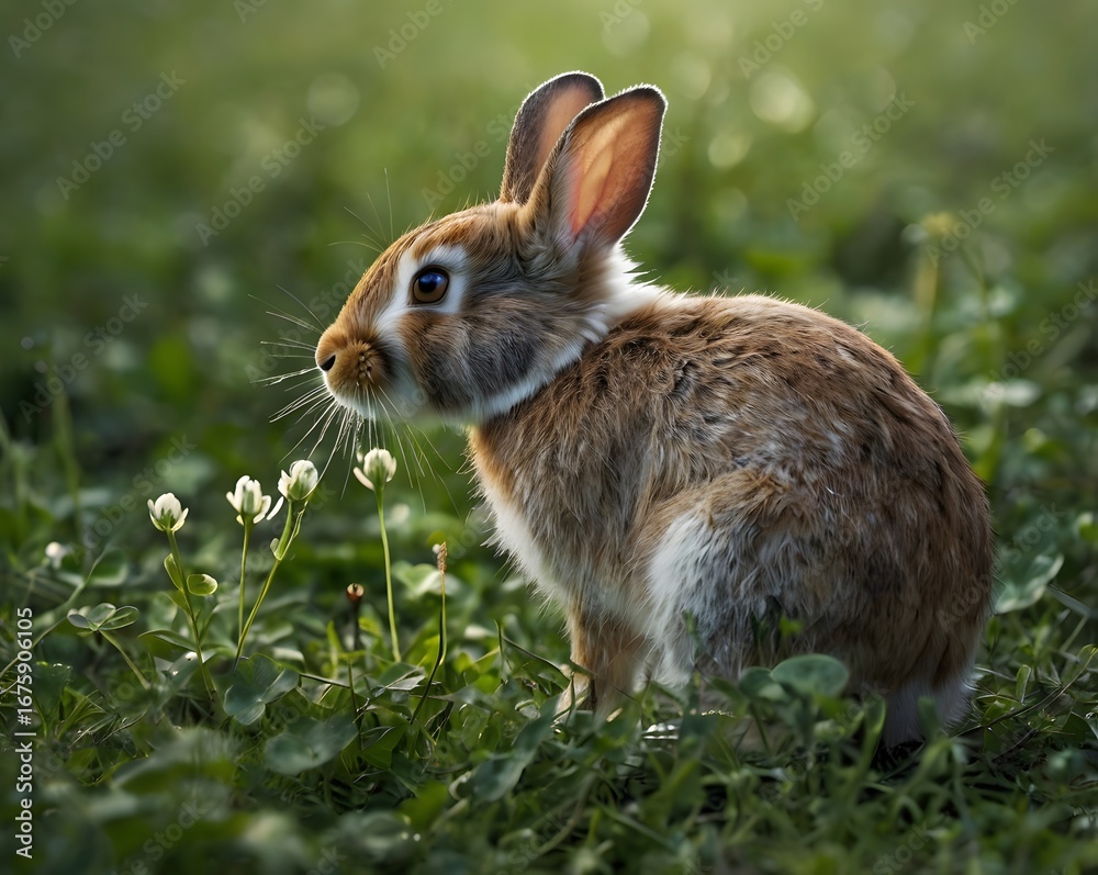 Fototapeta premium Adorable fluffy rabbit in lush green grass with delicate white flowers, captured in soft natural light.