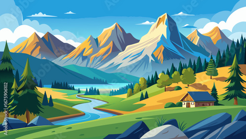 Vector art of a picturesque mountain landscape with a winding river, lush green meadows, a charming house, and towering peaks under a bright blue sky
