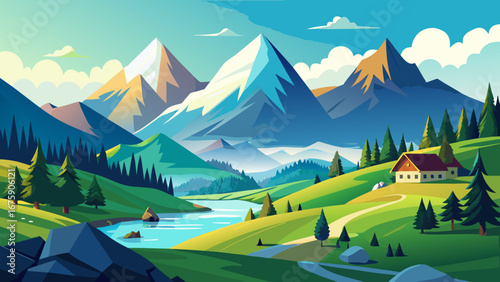 Vector art of a serene mountain landscape featuring a winding river, lush green hills, a cozy house, and majestic peaks under a clear blue sky