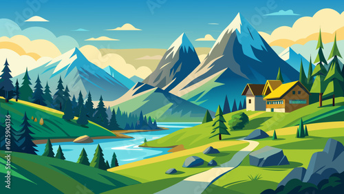 Vector art of idyllic mountain landscape with a house, river, and forest under a blue sky, perfect for travel and nature enthusiasts seeking a serene escape