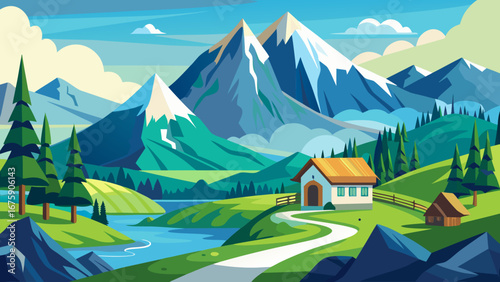 Vector art of scenic mountain landscape featuring a cozy house, winding river, and lush forest under a clear sky, ideal for travel and nature lovers