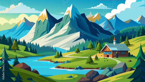 Vector art of scenic mountain landscape with a river, house, and trees, showcasing a peaceful and idyllic countryside scene on a sunny day