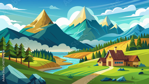Vector art of breathtaking mountain landscape with a charming house, winding river, and vibrant forest under a sunny sky, perfect for travel and nature