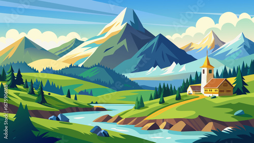 Vector art of captivating mountain landscape featuring a serene river, charming house, and lush trees, creating a picturesque countryside scene under a bright sky
