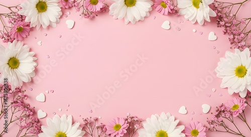 Concepto de decoración del Día de la Mujer feliz hecho de flores sobre fondo de pastel rosado.
