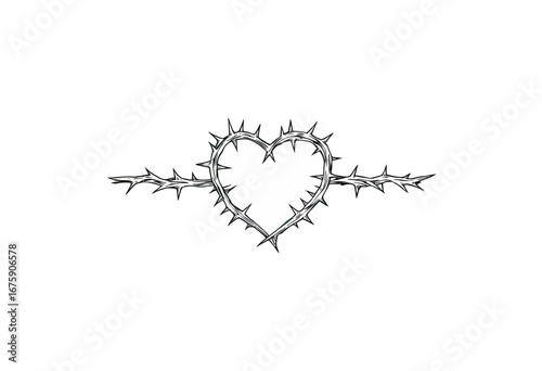 A minimalist and edgy black and white ink drawing of a heart made from barbed wire or thorns, symbolizing a painful, protected, or difficult love.

