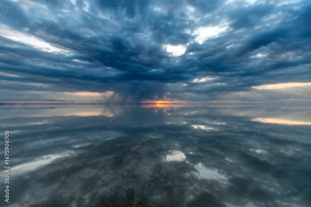 Fototapeta premium Sunset over dark water, soft focus. Ocean horizon, dramatic colors