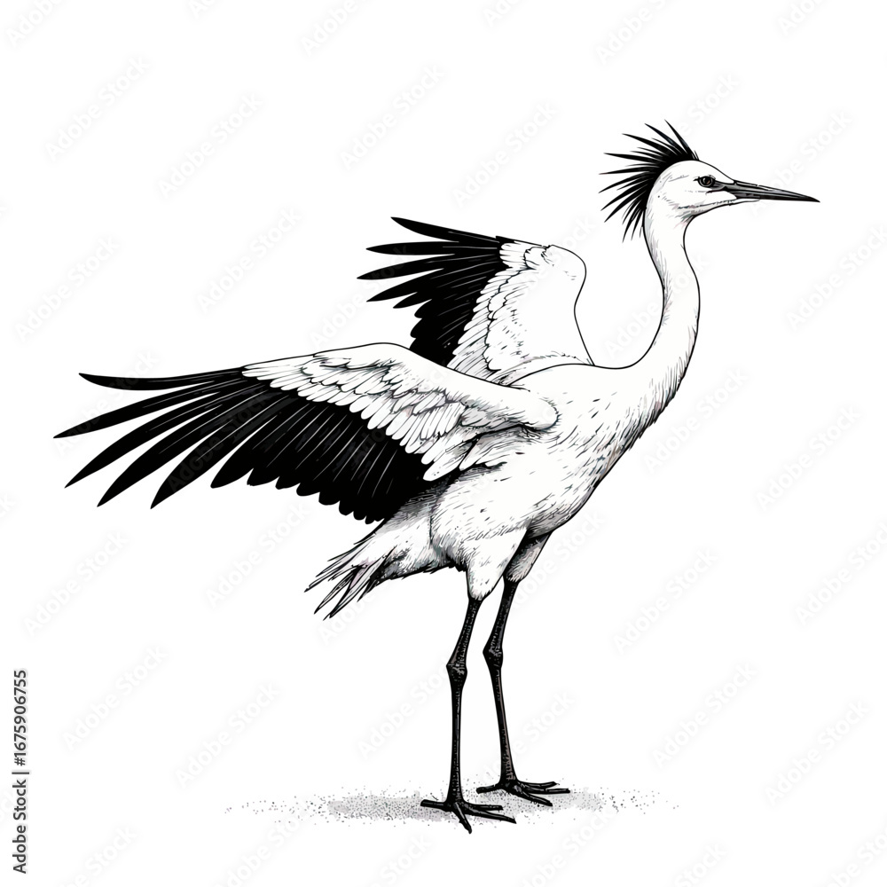 Obraz premium A detailed and elegant black and white ink drawing of a graceful heron or crane, showcasing its beautiful plumage in a classic, realistic ornithological style. 