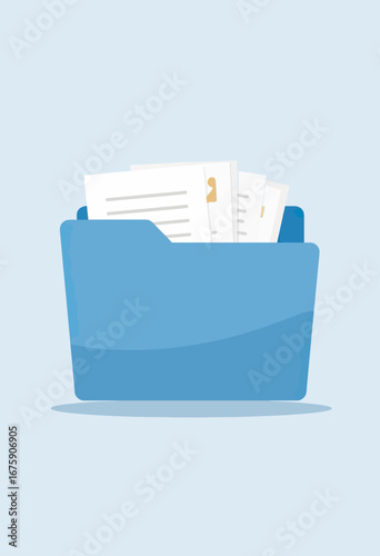 A simple and modern flat design icon of a blue file folder filled with documents, representing organization, data storage, and office administration tasks.

