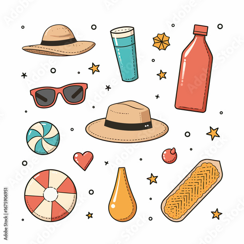 A chic collection of essential summer beach accessories for a perfect sunny vacation, including a stylish straw hat, sunglasses, and a refreshing iced coffee.