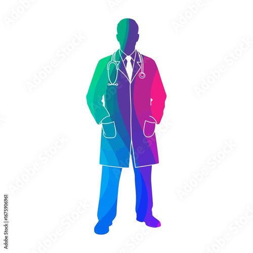Vibrant doctor silhouette with stethoscope and colorful gradient, representing modern healthcare innovation and dynamic medical care