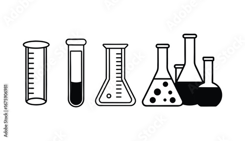 Illustration of various laboratory glassware, including beakers, flasks, test tubes, and graduated cylinders