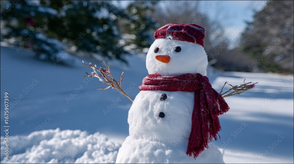Obraz premium Snowman with red scarf and hat on a bright winter day in a snowy landscape.