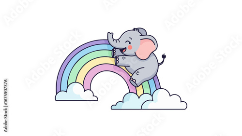 Whimsical illustration of a happy elephant sliding down a pastel rainbow with fluffy clouds