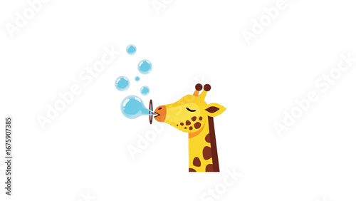Whimsical illustration of a friendly giraffe playfully blowing sparkling blue bubbles, bringing a sense of joy and lightheartedness to any design project
