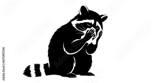 Black and White Raccoon Covering Face with Paws.