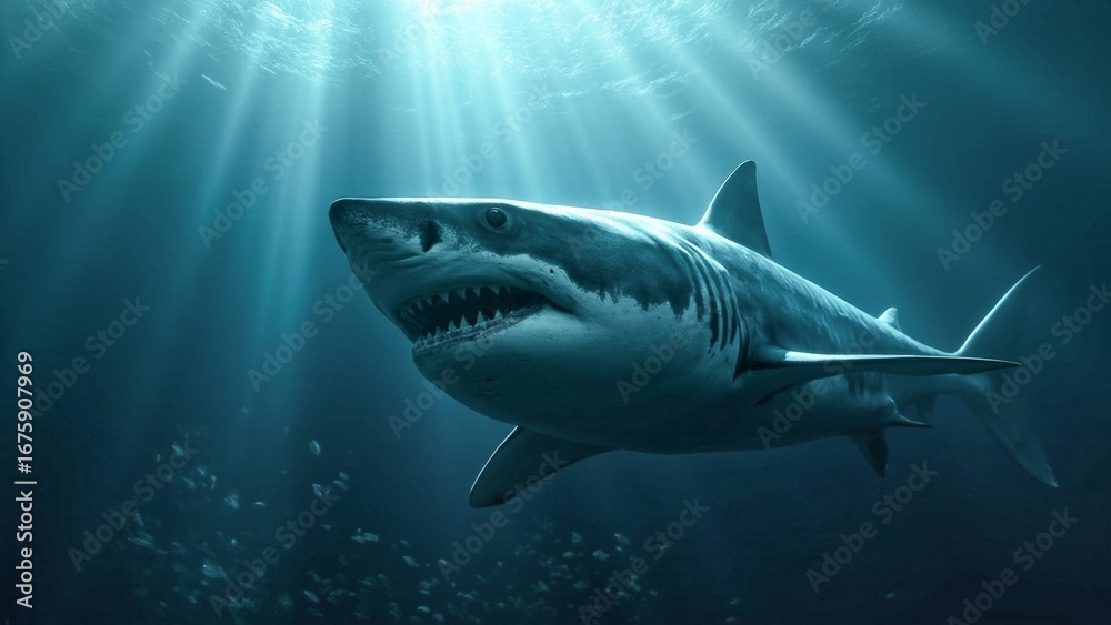 Fototapeta premium Great white shark underwater, ocean predator swimming. A powerful great white shark, a legendary ocean predator, glides gracefully through the dark blue depths. Sun rays filter down from the surface, 