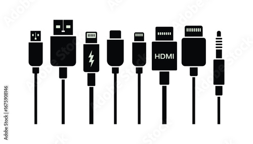 Set of different cable connectors icons including USB, HDMI, audio jack, charging cable, smartphone connector, technology illustration, electronic device accessory, flat design.