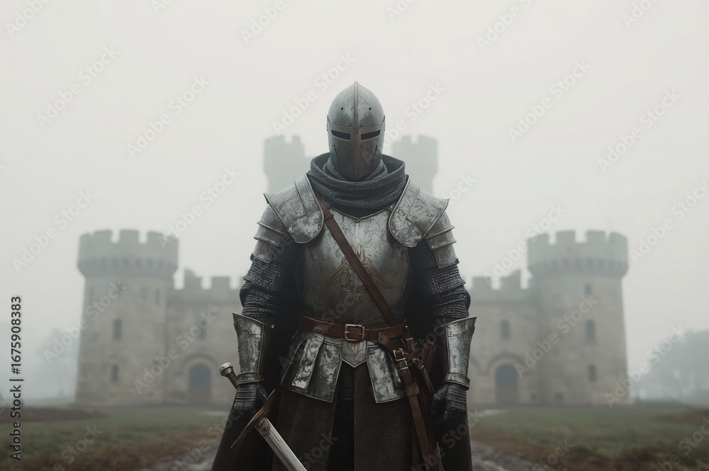Obraz premium Medieval knight stands guard, foggy castle background
