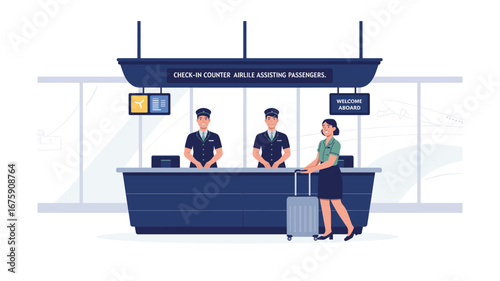 Airport Check-in Illustration: Passenger with Luggage, Airline Staff Assisting, Promoting Seamless Travel Experience at the Check-in Counter for Convenient and Efficient Departure.