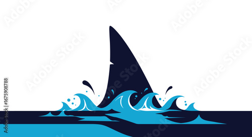 Dark shark fin emerging through breaking blue waves underwater scene
