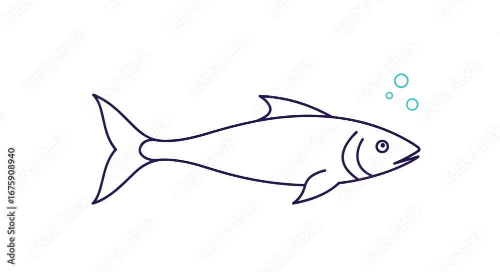 Obraz premium Simple line drawing of a fish swimming in water with bubbles illustrating aquatic life movement and nature